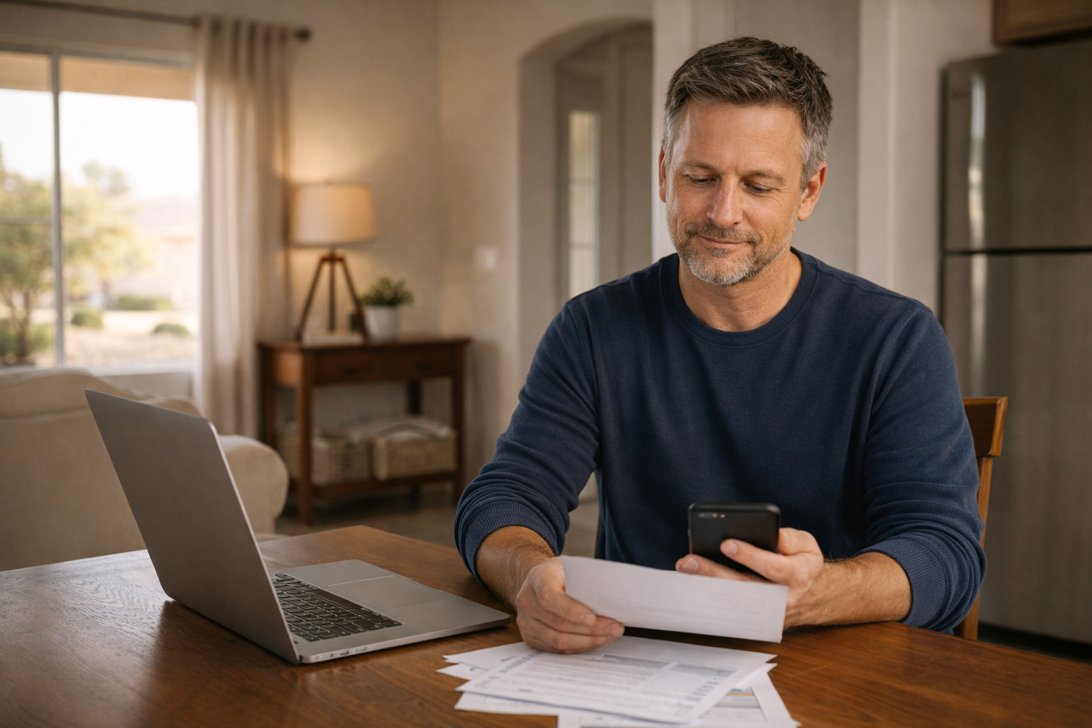 Phoenix homeowner reviewing paperwork at a kitchen table